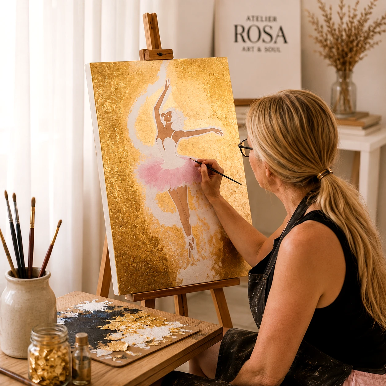 A artista Rosa a pintar no seu atelier